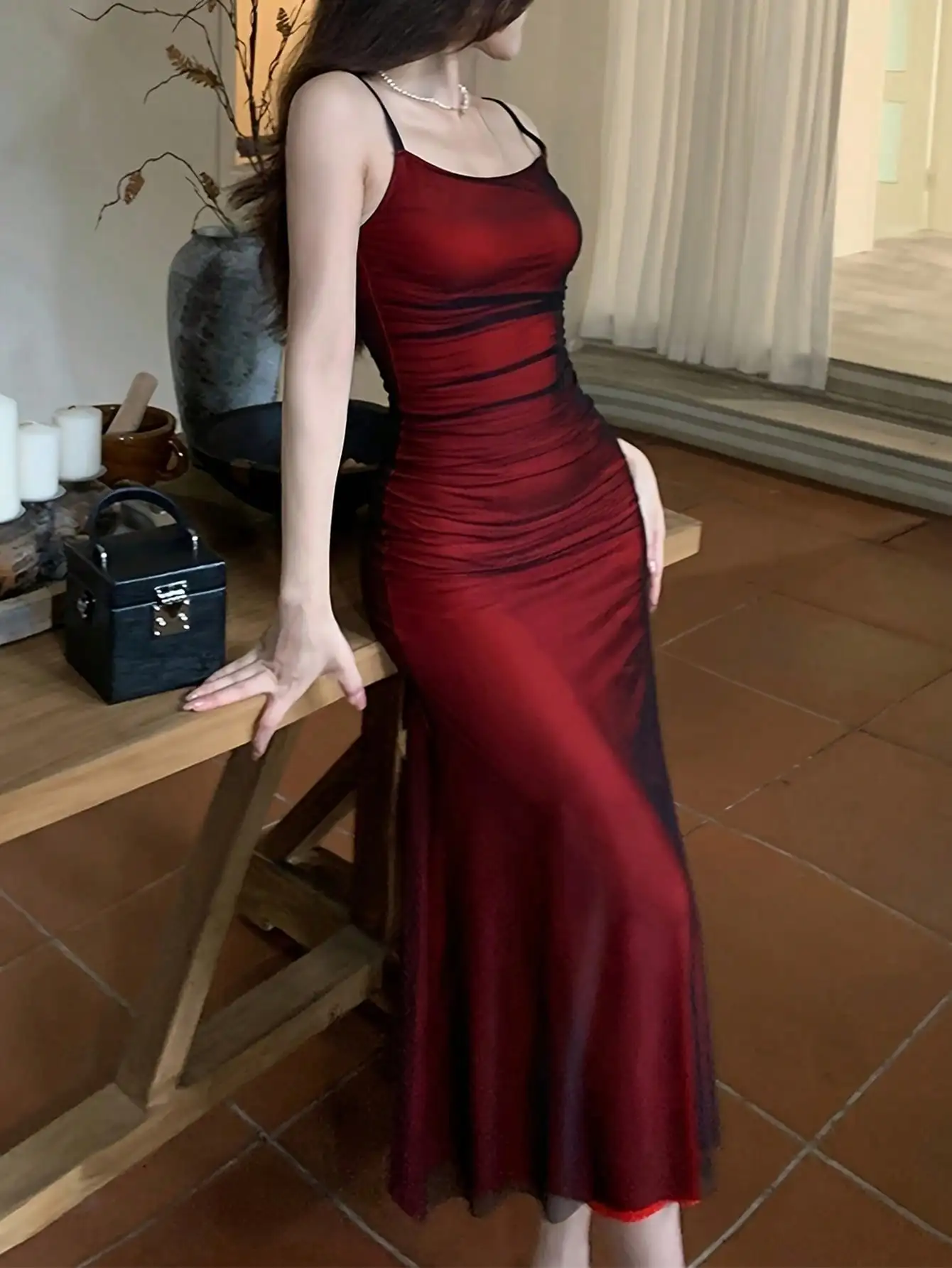 Red Long Dress: Pasta Strap, Pleated,
  Slim & Elegant Summer Party Dress