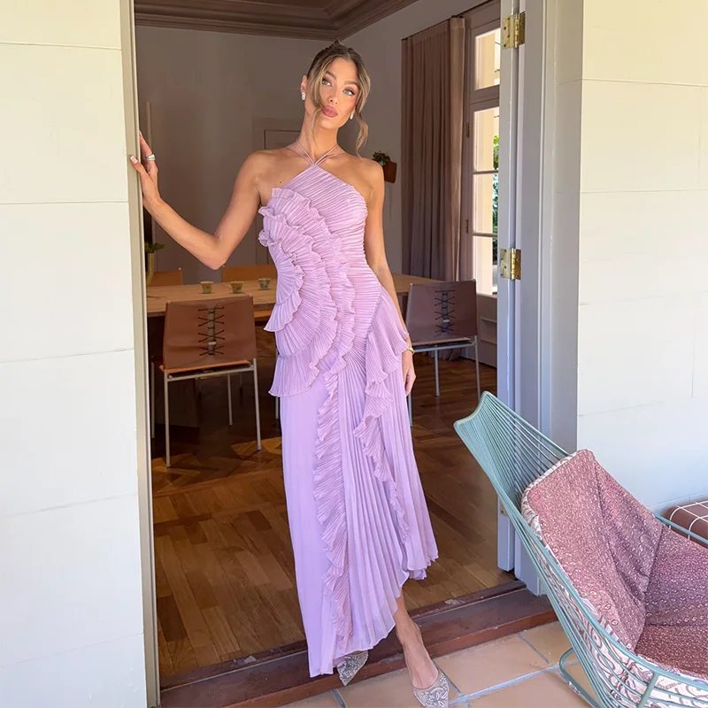 Pleated Halter Neck Maxi Dress: Purple Strapless Lotus Edge Vacation Gown 3 Pleated Halter Neck Maxi Dress: Purple
  Strapless Lotus Edge Vacation Gown - Image 3