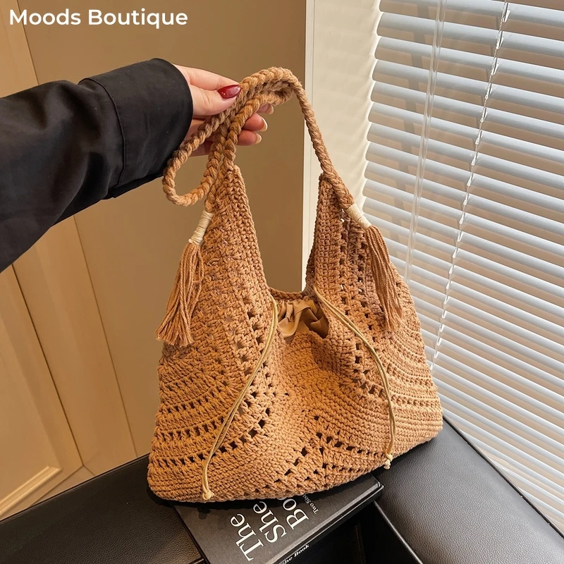 2-IN-1 Crochet Shoulder Bag Set: Raffia
  Boho Rattan Summer Beach Tote