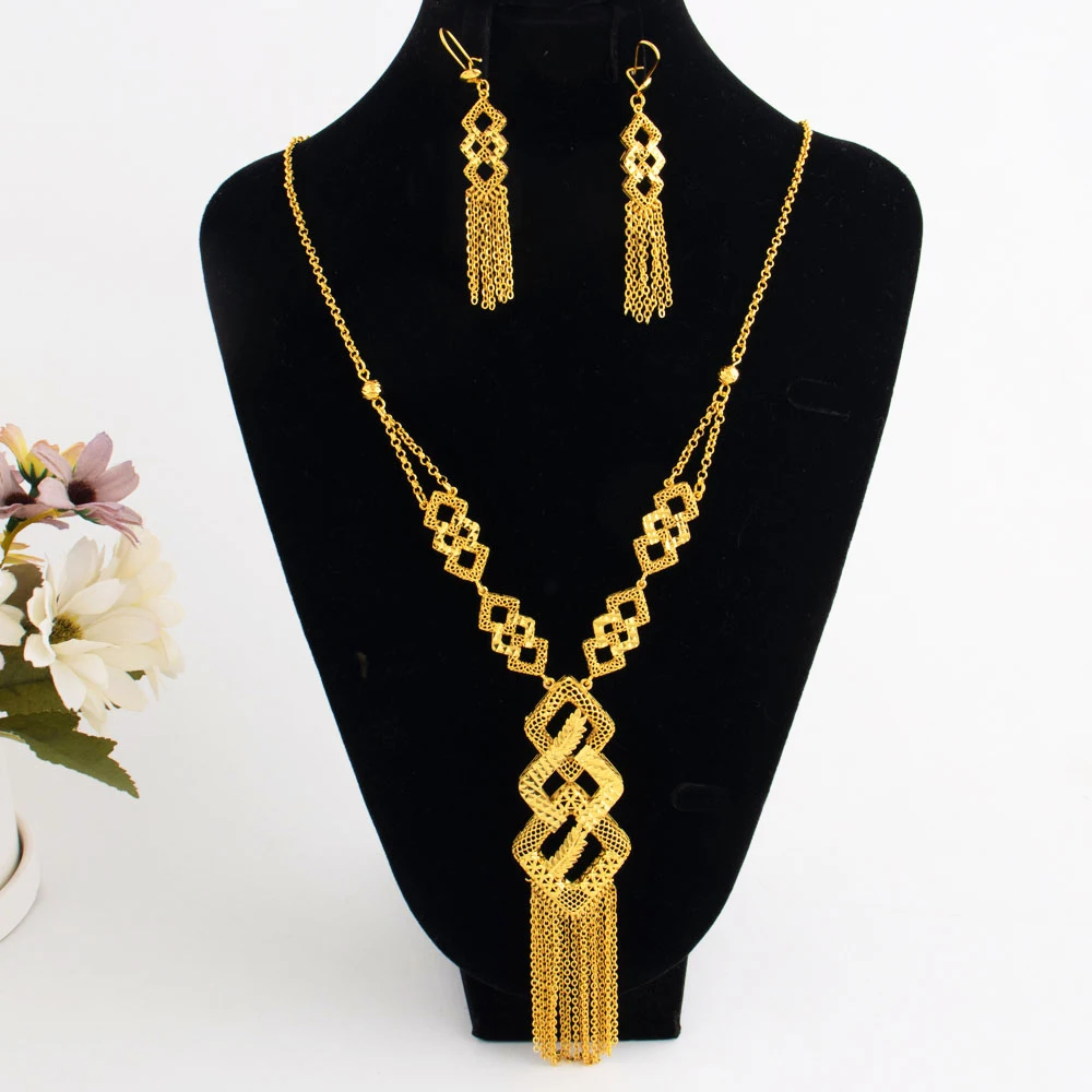 24K Gold Plated Indian Bridal Set: Long
  Pendant Earrings (African/Dubai)