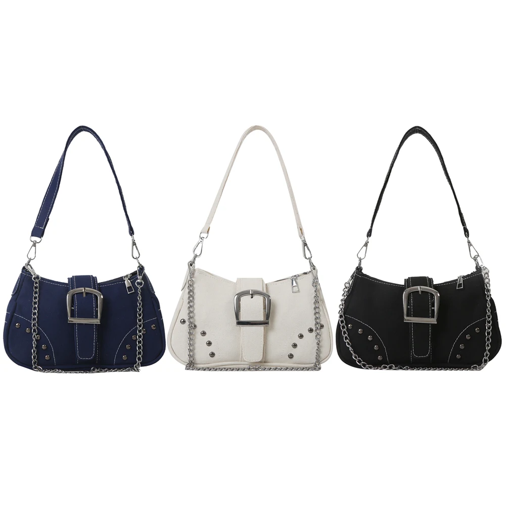Vintage Rivet Bag: Y2K Canvas Underarm
  Bag, Zipper Closure Casual Dating