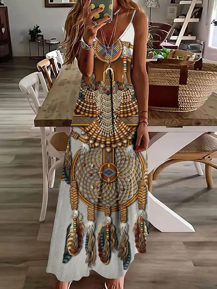 3D Owl Vintage Print Long Dress:
  Sleeveless Tribal Pattern Spaghetti Strap