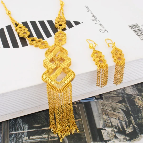24K Gold Plated Indian Bridal Set: Long
  Pendant Earrings (African/Dubai) - Image 3