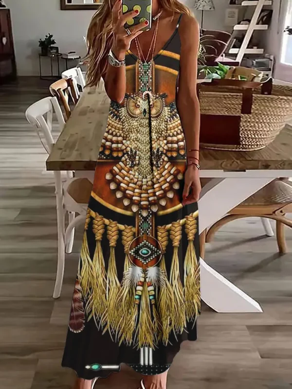 3D Owl Vintage Print Long Dress:
  Sleeveless Tribal Pattern Spaghetti Strap - Image 3