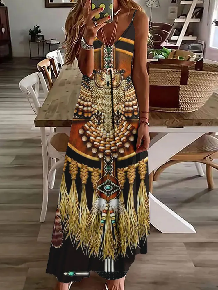 3D Owl Vintage Print Long Dress: Sleeveless Tribal Pattern Spaghetti Strap 3 3D Owl Vintage Print Long Dress:
  Sleeveless Tribal Pattern Spaghetti Strap - Image 3