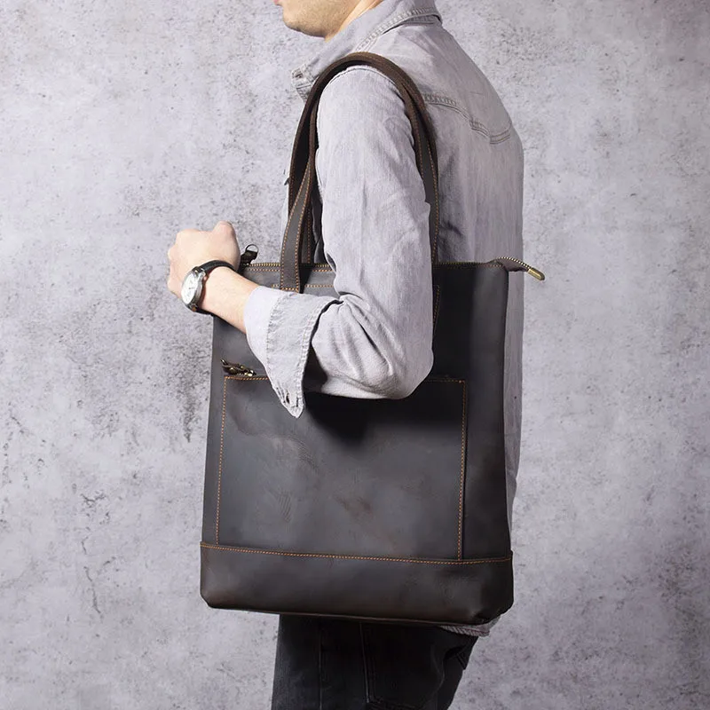 Vintage Crazy Horse Cowhide Tote Bag:
  14" Leather Laptop Shoulder Bag