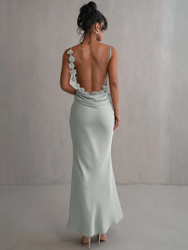 Mozision Floral Draped Maxi Dress:
  Backless Spaghetti Strap Bodycon Party
