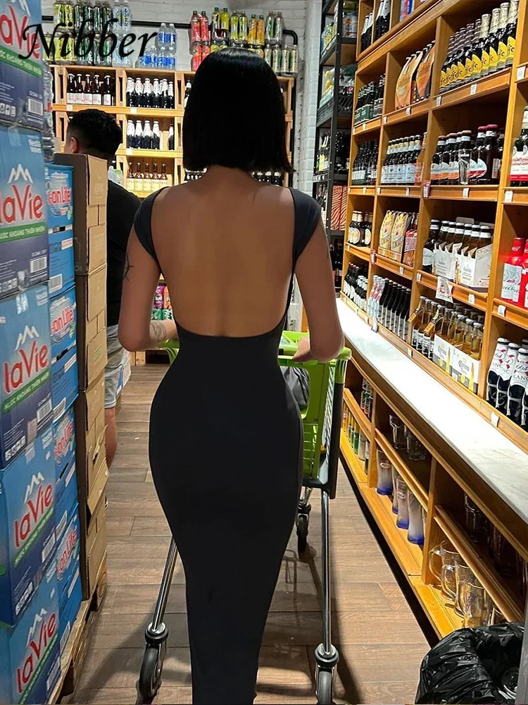 Nibber Solid Backless Maxi Dress: Elegant Slim Short Sleeve Bodycon Streetwear 4 Nibber Solid Backless Maxi Dress: Elegant
  Slim Short Sleeve Bodycon Streetwear - Image 4