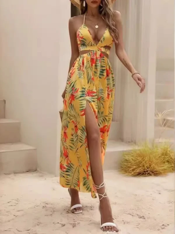 Elegant Bohemian Printed Dress: Sexy
  Bareback Bow Split Beach Party Wear - Image 2