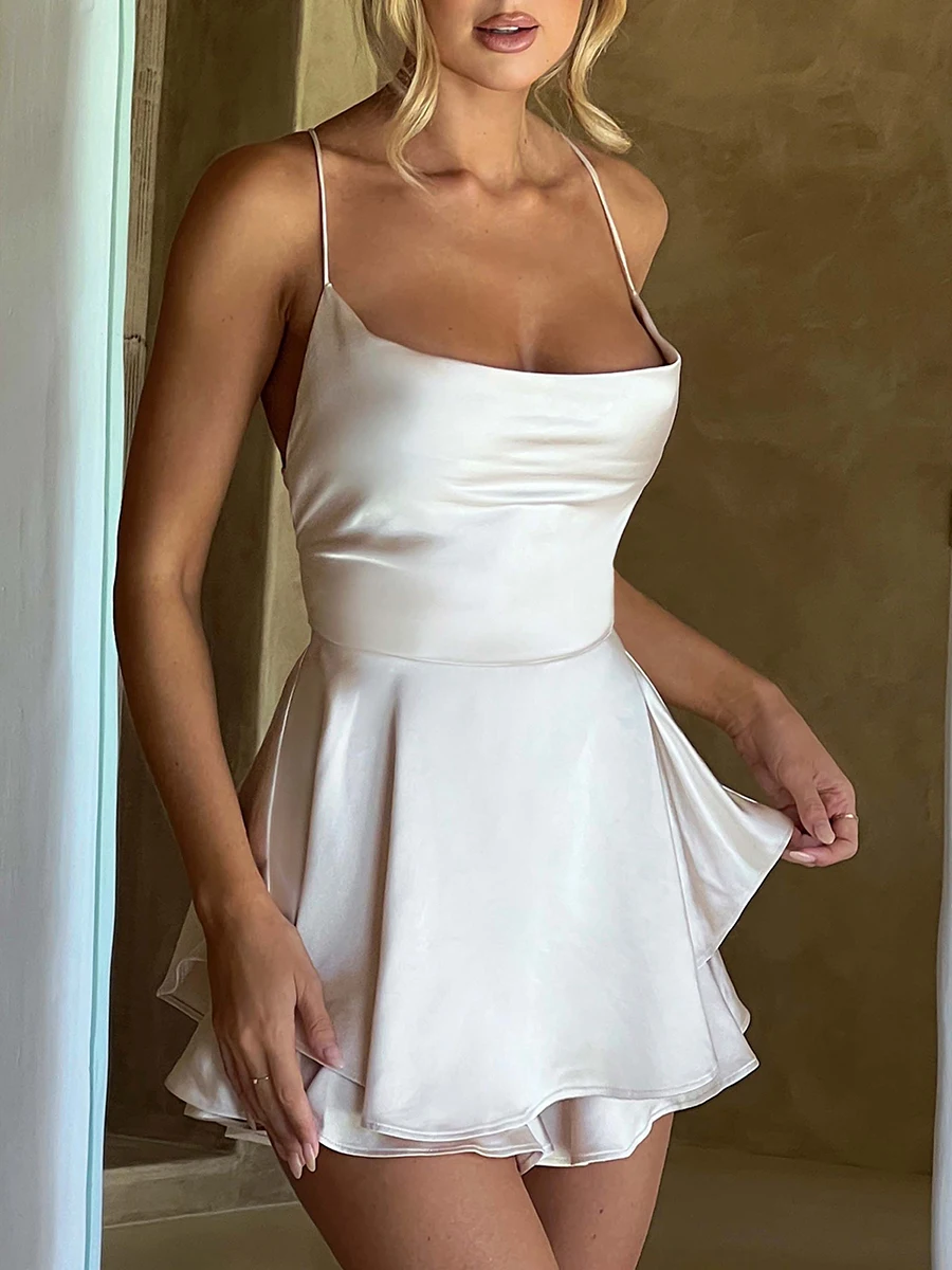 Satin Silk Cami Playsuit: Solid Cowl Neck
  Sleeveless Backless Romper