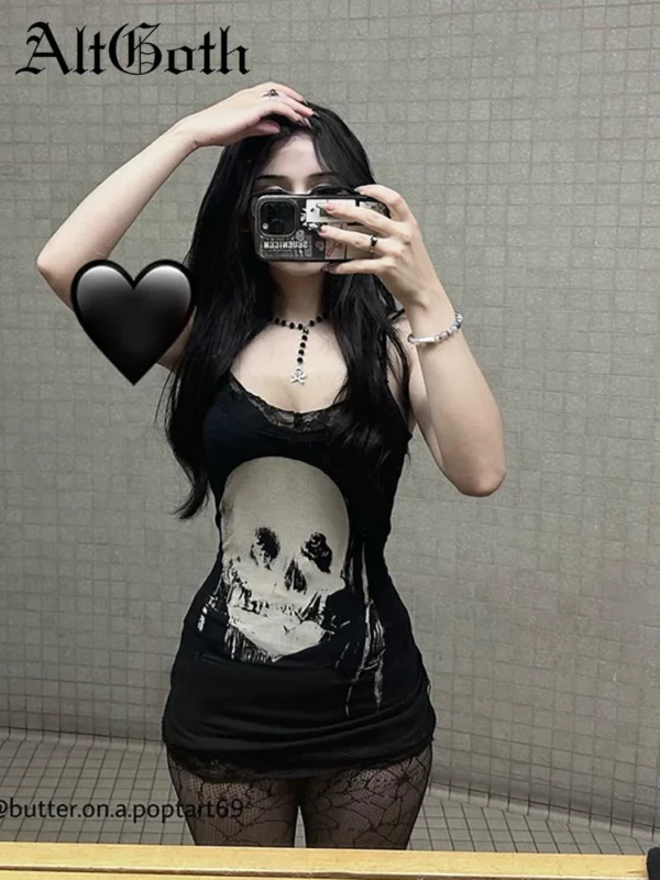 AltGoth Cyber Gothic Dress: Harajuku
  Skull Print Sleeveless Bodycon - Image 2
