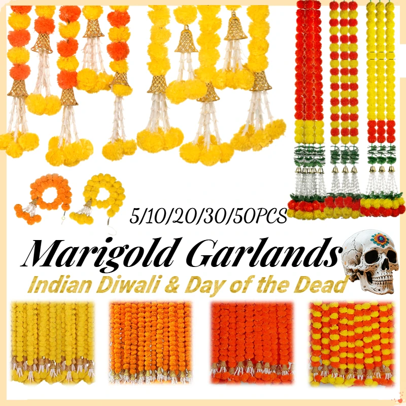 Marigold Flower Garlands (5-50 PCS):
  Indian Pooja, Diwali, Mexican Decor