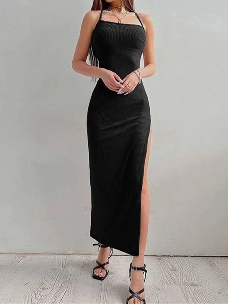 Sexy Black Long Bodycon Dress: Sleeveless Backless Halter Neck High Split 6 Sexy Black Long Bodycon Dress: Sleeveless
  Backless Halter Neck High Split - Image 6