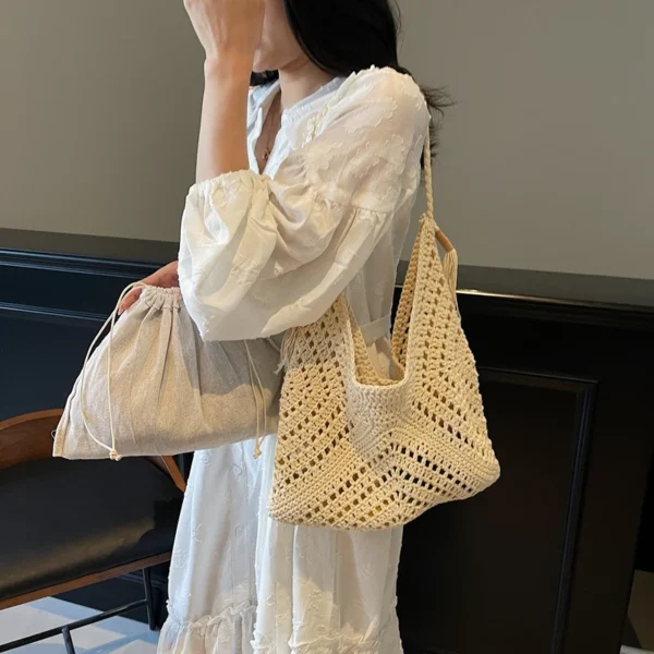 2-IN-1 Crochet Shoulder Bag Set: Raffia
  Boho Rattan Summer Beach Tote - Image 4