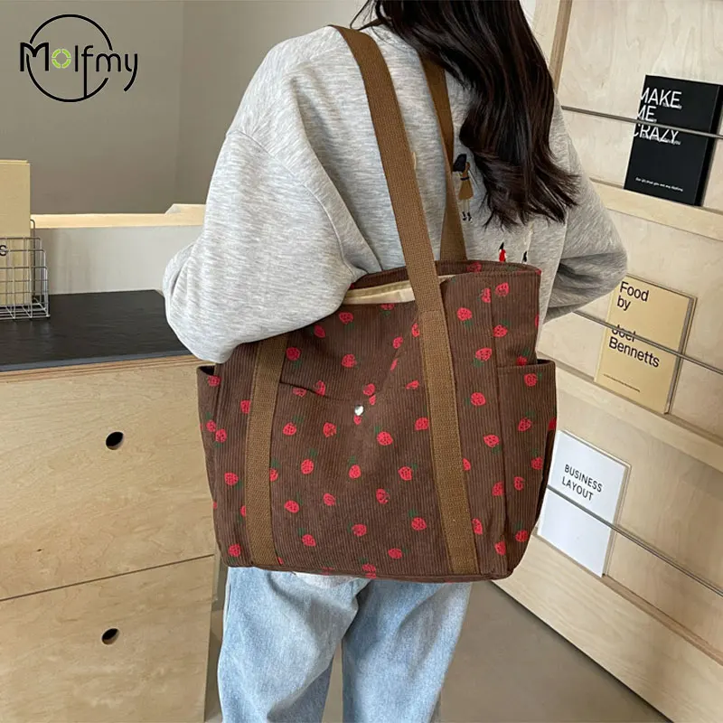 Strawberries Corduroy Handbag: Sweet Versatile Shoulder Tote Bag 2 Strawberries Corduroy Handbag: Sweet
  Versatile Shoulder Tote Bag - Image 2