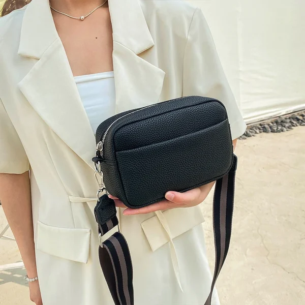 Solid Color Multi-Layer Sling Bag: PU
  Leather Wide Strap Crossbody - Image 3