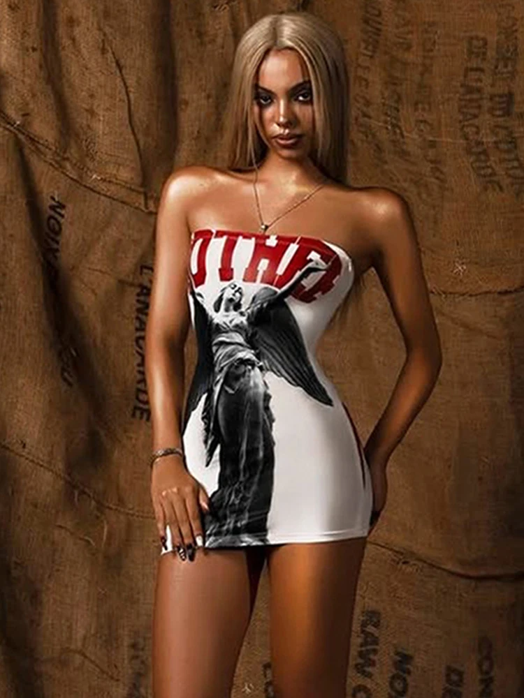 Nibber Print Mini Dress: Off Shoulder
  Sleeveless Backless Skinny Fit