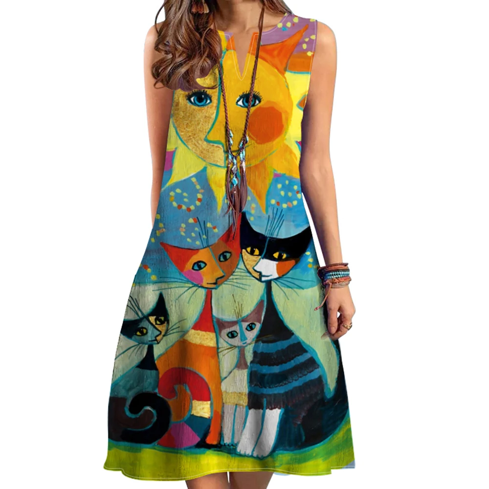 Women's V-Neck Sleeveless Printed Dress:
  Large Hem Foreign Trade Style