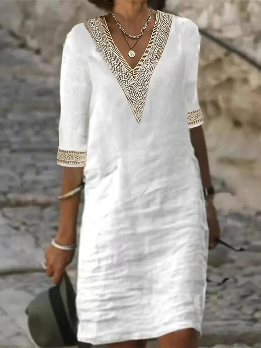 Solid Color V-Neck Elegant Dress:
  Mid-Sleeve Fashion Women's Clothing