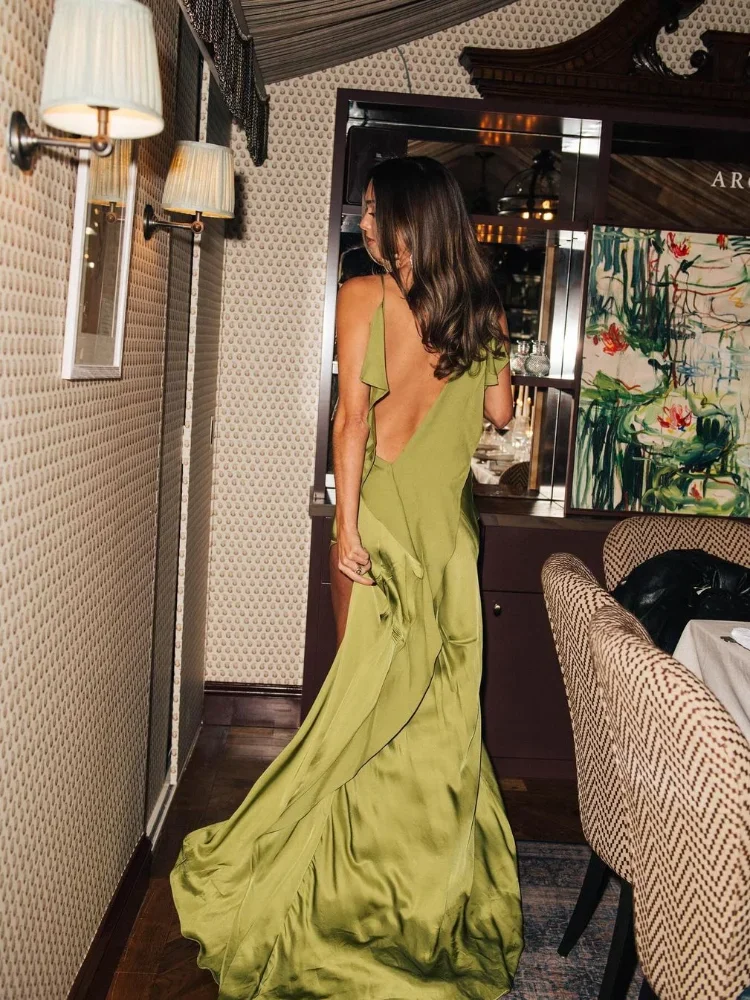 Elegant Green Satin Long Dress: Sexy
  Backless Sleeveless Split Club Vestido