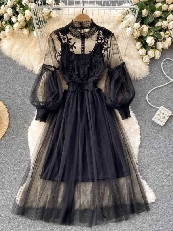 3D Flower Mesh Dress: Stand Collar
  Lantern Sleeve High Waist Slim Fit - Image 6