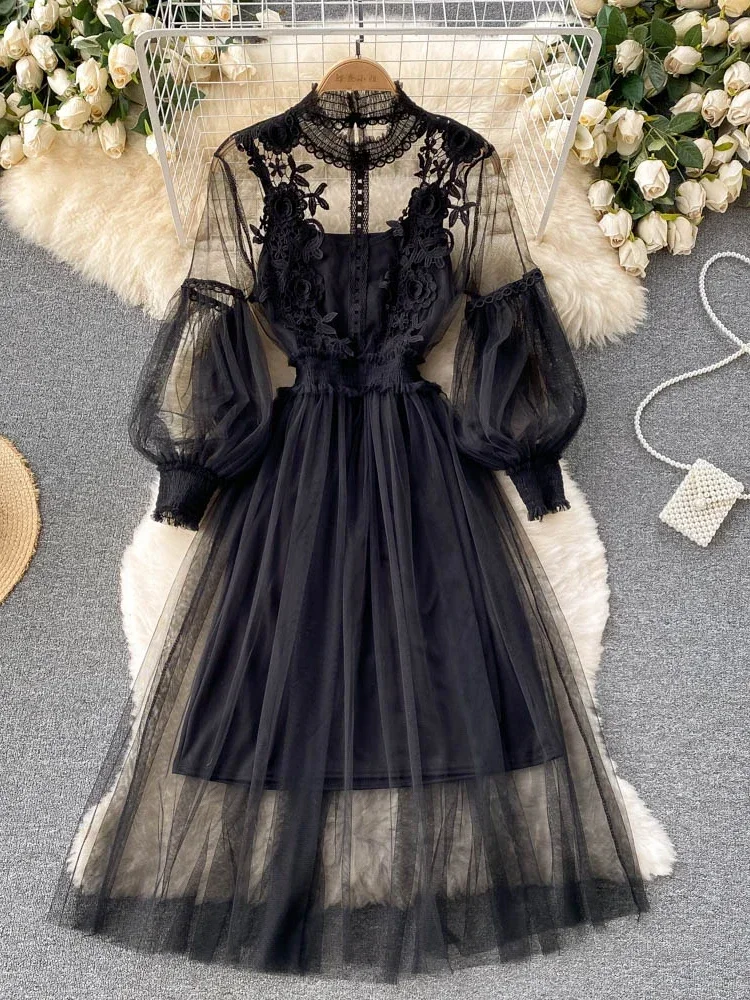 3D Flower Mesh Dress: Stand Collar Lantern Sleeve High Waist Slim Fit 6 3D Flower Mesh Dress: Stand Collar
  Lantern Sleeve High Waist Slim Fit - Image 6
