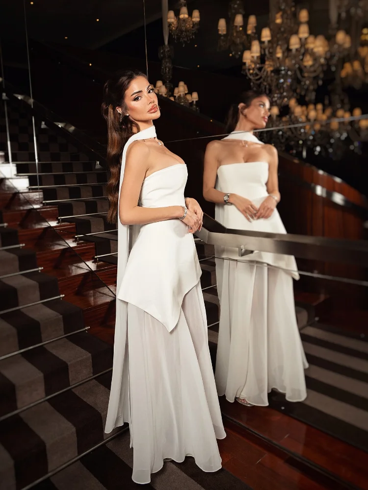 White Mesh Long Dress: Scarf Neck
  Strapless, High Waist Slim Split Robe