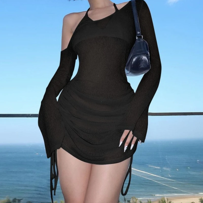 Dulzura Skew Collar Ruched Mini Dress: See-Through Drawstring Clubwear 5 Dulzura Skew Collar Ruched Mini Dress:
  See-Through Drawstring Clubwear - Image 5