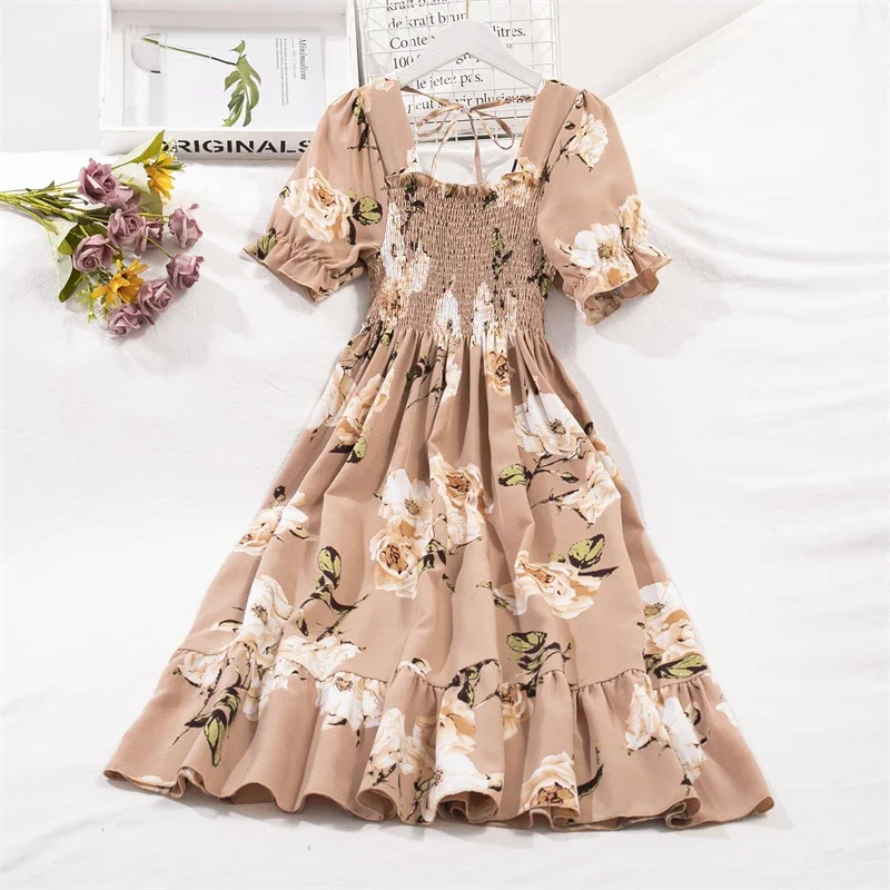 Chiffon A-Line Dress: Elastic Waist,
  Short Sleeve Pleated Casual Vestidos