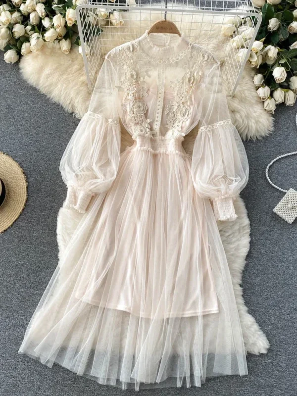 3D Flower Mesh Dress: Stand Collar
  Lantern Sleeve High Waist Slim Fit - Image 3