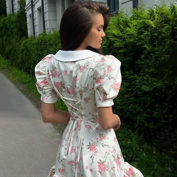 Tornova Puff Sleeve Mini Dress: Ruffled
  V-Neck, Pearl Buttons, High Waist - Image 3