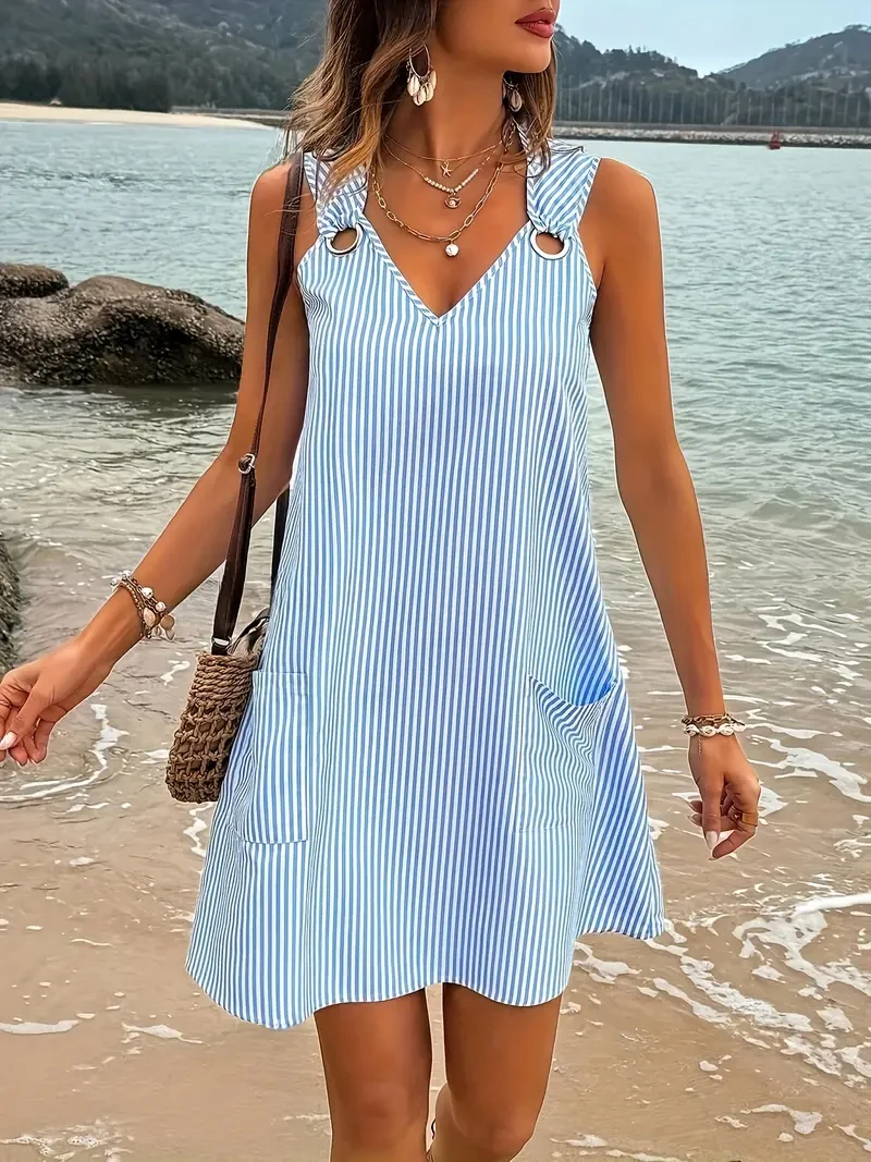 Plus Size Striped Dress: Sleeveless V-Neck Pocket Summer Women's Dress 4 Plus Size Striped Dress: Sleeveless V-Neck Pocket Summer
  Women's Dress - Image 4