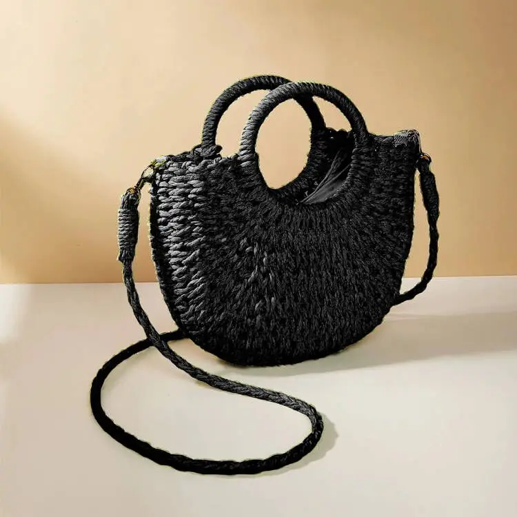 Half-Round Rattan Beach Bag: Large
  Capacity Travel Weave Handle Shoulder Bag
