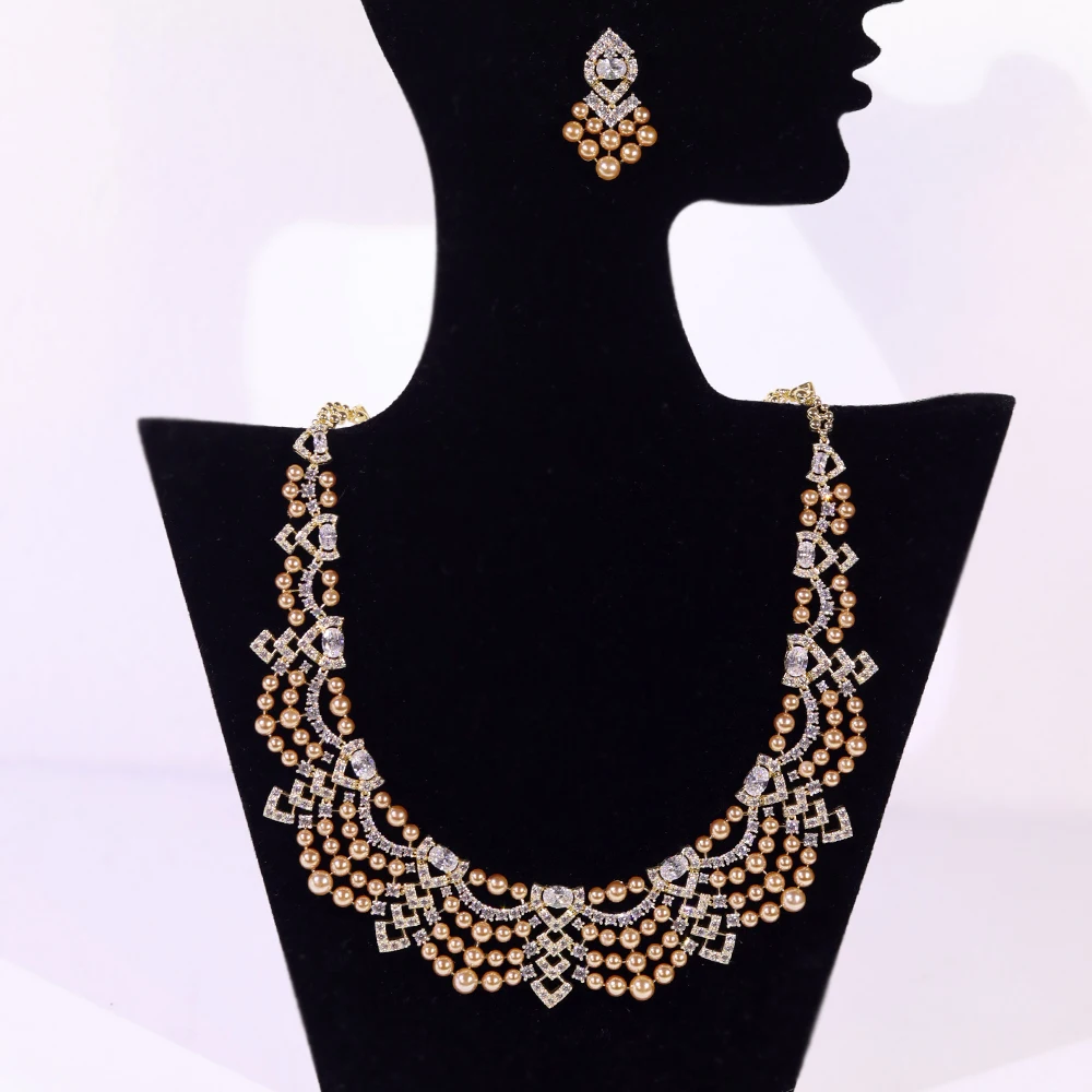 Crystal Zircon Golden Pearl Necklace: Dubai Bridal Indian Jewelry Set 3 Crystal Zircon Golden Pearl Necklace:
  Dubai Bridal Indian Jewelry Set - Image 3