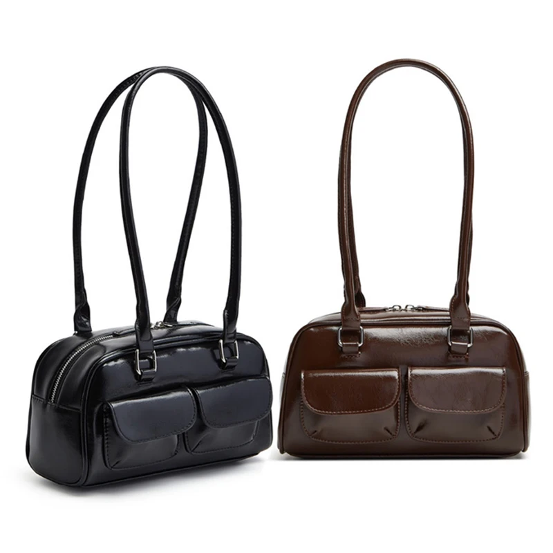 Oil Wax Leather Bowling Bag:
  Multi-Pocket Armpit Commuting Handbag
