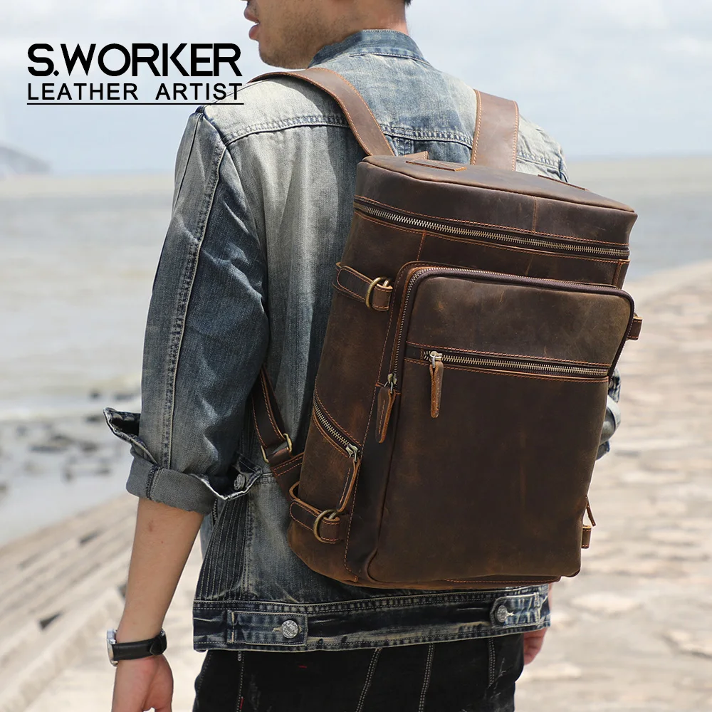 Vintage Crazy Horse Leather Backpack:
  Laptop, School, & Travel Shoulder Bag
