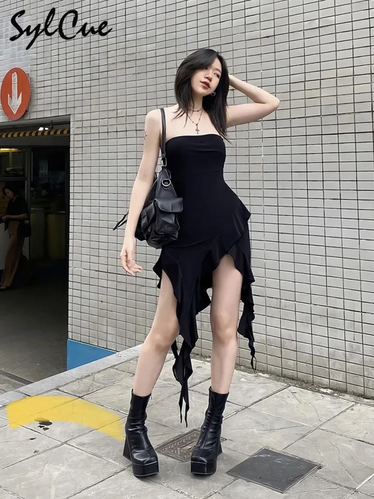 Sylcue Black Knit Wrap Dress: High
  Elastic, Breathable Summer Irregular