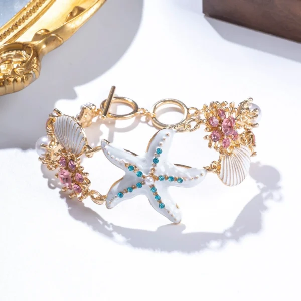 Bohemian Starfish Shell Bracelet:
  Crystal Pearl Summer Beach Bangle - Image 3