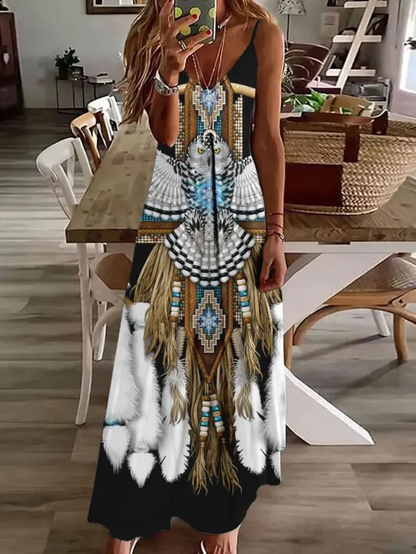3D Owl Vintage Print Long Dress:
  Sleeveless Tribal Pattern Spaghetti Strap - Image 2