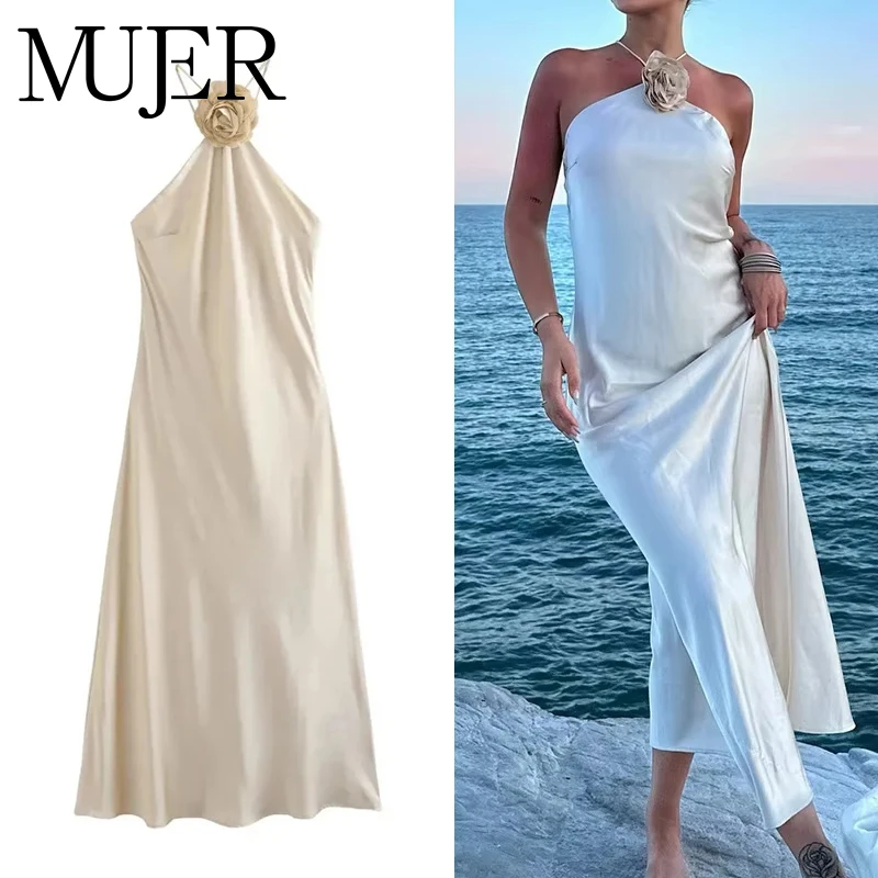 MUJER Flower Satin Long Dress: Off Shoulder Halter Backless
  Evening Party