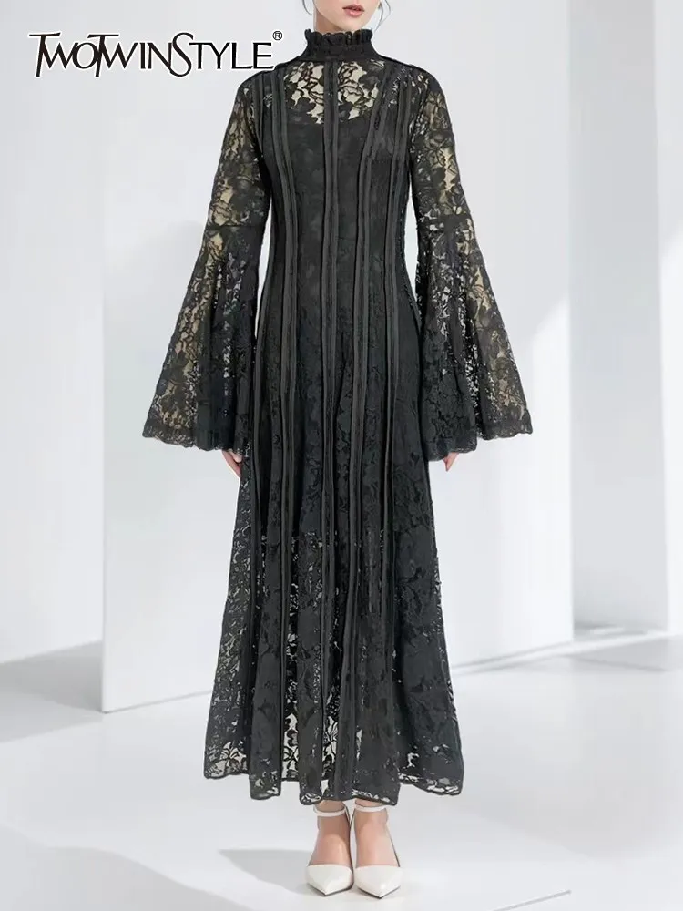 TWOTWINSTYLE Lace Patchwork Dress: Stand
  Collar Flare Sleeve Slimming