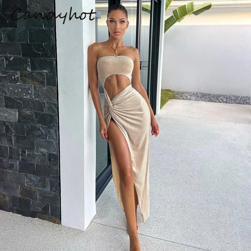 Candyhot Sexy Sleeveless Slit Maxi Dress:
  Hollow Out Elegant Party Vestidos