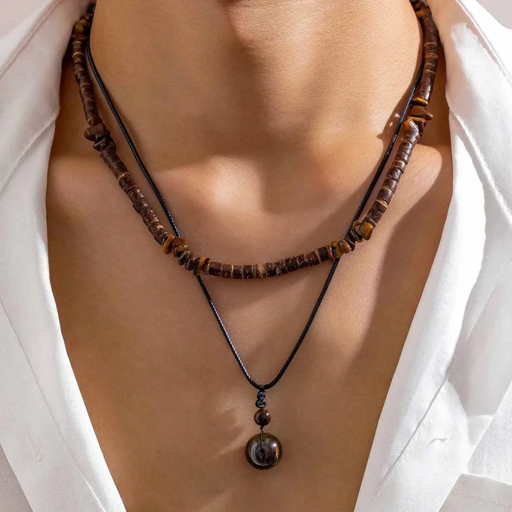 2PCS Natural Stone Pendant Necklace:
  Vintage Ethnic Wood Bead Chokers for Men
