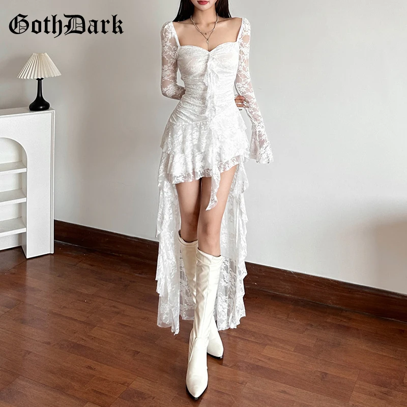 Goth Fairycore Dress: Lace Flare Sleeve,
  Square Neck Y2K Party Vestido