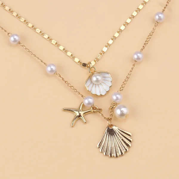 2-Pc Gold Plated Starfish Necklace:
  Pearl Ocean Beach Jewelry for Women - Image 3