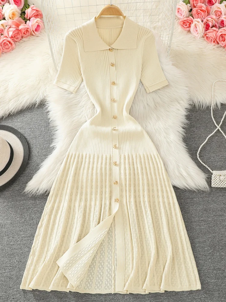 Elegant Knitted Long Dress: Black/Beige/Green, Short Sleeve Pleated Office 3 Elegant Knitted Long Dress:
  Black/Beige/Green, Short Sleeve Pleated Office - Image 3