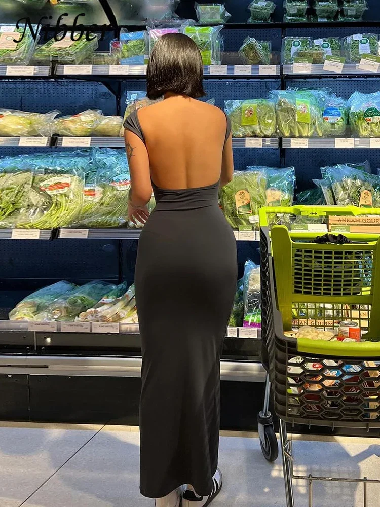 Nibber Solid Backless Maxi Dress: Elegant Slim Short Sleeve Bodycon Streetwear 6 Nibber Solid Backless Maxi Dress: Elegant
  Slim Short Sleeve Bodycon Streetwear - Image 6