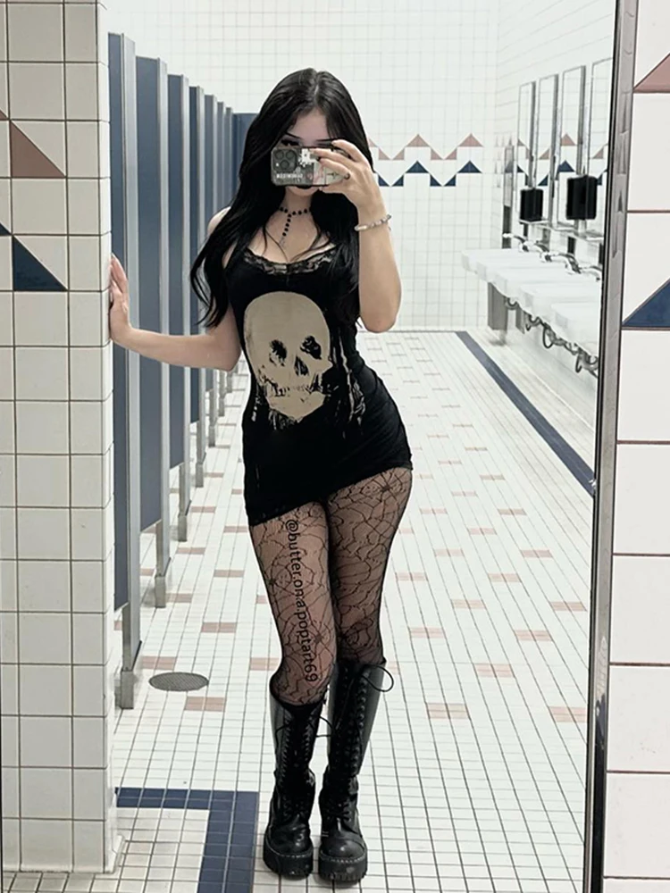 AltGoth Cyber Gothic Dress: Harajuku Skull Print Sleeveless Bodycon 3 AltGoth Cyber Gothic Dress: Harajuku
  Skull Print Sleeveless Bodycon - Image 3