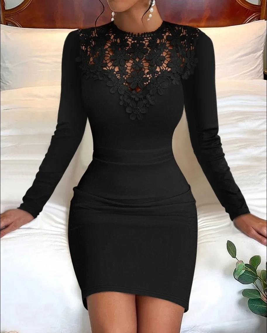 Lace Embroidery Mini Dress: Elegant Long
  Sleeve Bodycon Party Wrap Dress