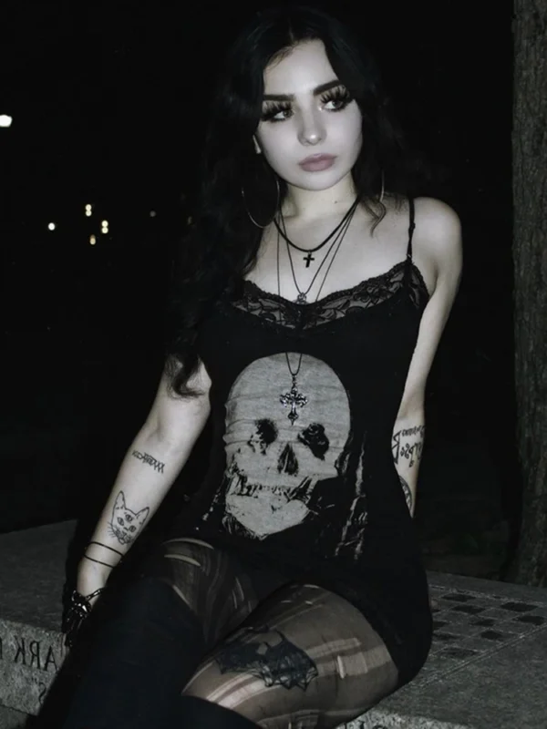 AltGoth Cyber Gothic Dress: Harajuku
  Skull Print Sleeveless Bodycon - Image 4